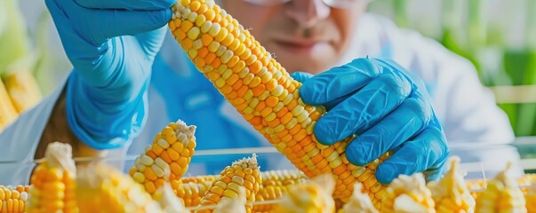 Scientist inspecting genetically modified corn in a hightech lab, Food BioTech, Advanced crop engineering
