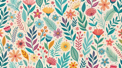 Vibrant hand-drawn minimalist abstract botanical silhouettes seamless pattern for fashion design template featuring stylized flowers and leaves in pastel hues.