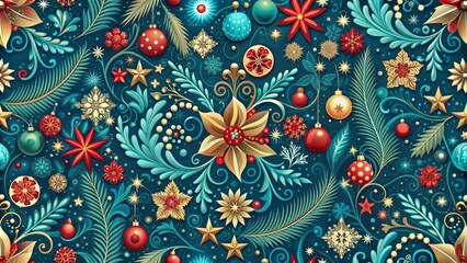Fototapeta premium Ornate seamless Christmas pattern featuring intricate ornaments and florals on a vibrant blue background for festive holiday designs and applications.