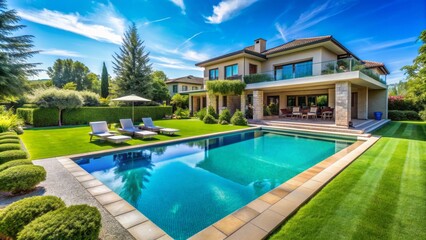 Fototapeta premium Luxurious villa's serene backyard oasis featuring crystal-clear swimming pool surrounded by lush greenery under a brilliant vibrant blue sky.