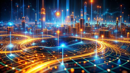 swirls of blue and orange circuits pulse with data streams amidst blockchain matrices and AI-generated algorithms in futuristic digital landscape