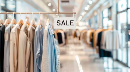 Naklejka premium Clothing store sale display with hanging clothes and 