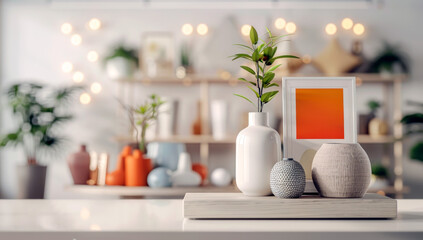 Home decor store display with vases and empty sign for text. Banner with copy space