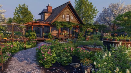 ranch house with a themed garden for each season, featuring plants that bloom specifically during their respective season