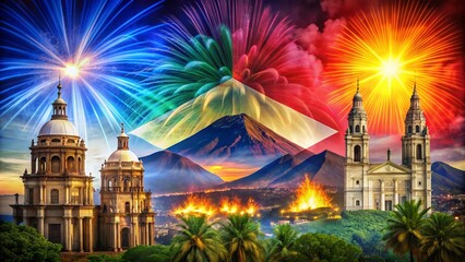 Vibrant abstract retro design blending Philippines flag colors with iconic Mayon Volcano and Intramuros landmarks celebrating independence.