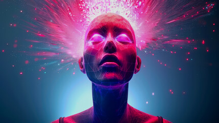 Futuristic AI with neon lights and digital particles