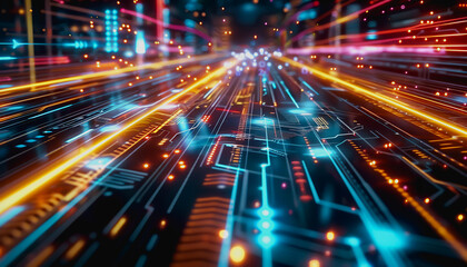 Cyberpunk scene with AI, neon lighting, floating digital particles