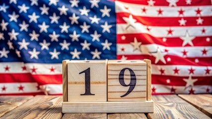 Vibrant patriotic wooden blocks calendar displaying June 19th amidst star-spangled backdrop celebrating freedom and national independence commemoration.