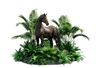 A Beautiful Brown Horse Standing in the deep forest isolated on white background