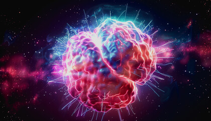 Neon lit AI with digital particles and futuristic aesthetic