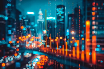 abstract representation of financial growth and success: digital bar graph rising up on a blurred cityscape background. symbolizes growing return on investment