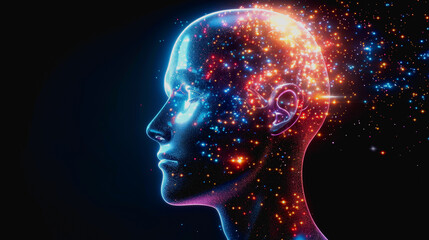 Advanced AI with bright neon lights and digital particles