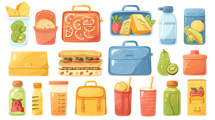 Cartoon Illustration of set with School Lunch Boxes and Rucksacks, Lunchbox Collection with Fast Food, Healthy Fruits or Vegetables Boxed in Kids Containers, Drinks and Bags. Packed Meals for Kids. 