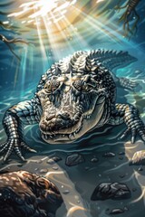 Fototapeta premium Detailed illustration of a menacing crocodile lurking in the shallows of a river, its powerful presence evoking both fear and fascination.
