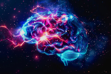Neon lit AI with digital particles and futuristic aesthetic