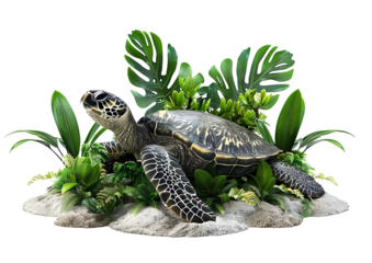 A colorful Turtle In the deep forest walking around bushes isolated on transparent background.
