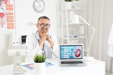 Male urologist with laptop sitting at table in clinic