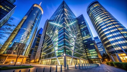 Obraz premium Sleek silver skyscraper with geometric glass facade and curved lines reflecting vibrant city lights against a dark blue sky.