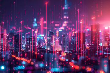 abstract representation of financial growth and success: digital bar graph rising up on a blurred cityscape background. symbolizes growing return on investment