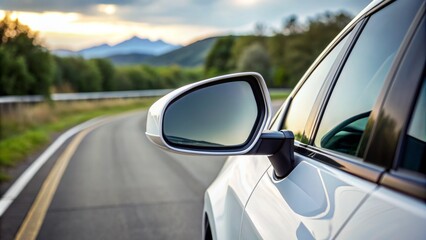 A sleek white automobile's curved side rear-view mirror reflects the surrounding environment with precision and clarity on a sunny day.