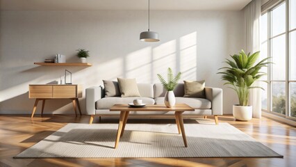Minimally decorated modern living room interior with empty table against a bright white wall featuring soft morning shadows.