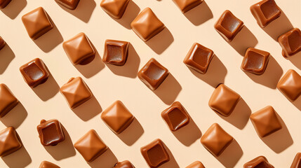 A background of various caramels arranged symmetrical with shadow effects, creating a sense of depth, on a cream background with shadows