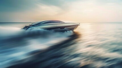 Big boat in motion on the water top view. Luxury speedboat with people moving fast on dark blue water making a white trail behind the boat, aerial view.