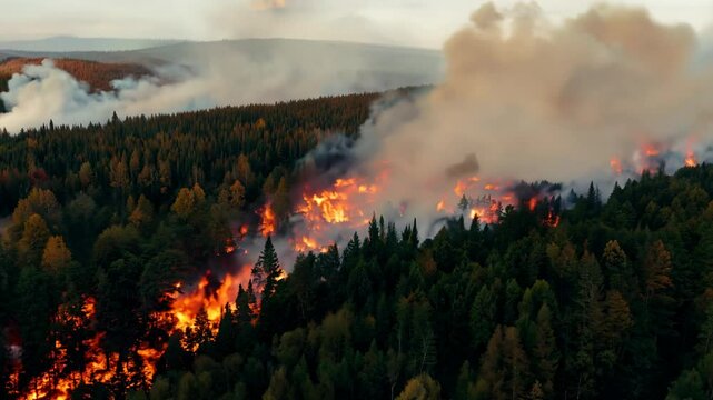 Aerial view of wildfire burning in forest at sunset