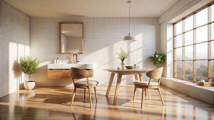 Fototapeta premium Serene bathroom interior with empty table and warm morning sunlight casting gentle shadows on white walls and gleaming flooring.