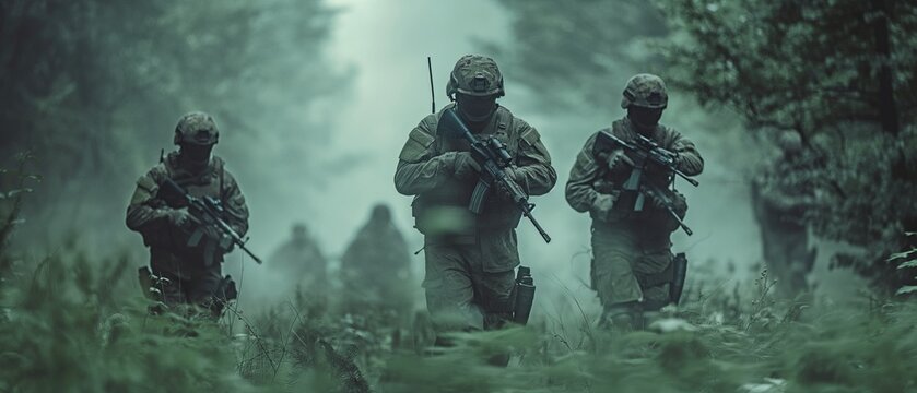 Troops from the military force going carefully through a forest in a commando formation