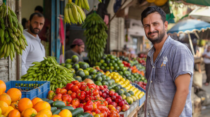 Handsome man Customer Shopping for Fresh Seasonal Fruits and Vegetables in street market.