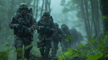 Troops from the military force going carefully through a forest in a commando formation