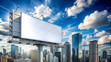 Bright cityscape at dusk with sleek skyscrapers and modern architecture surrounding a massive empty billboard awaiting customization.