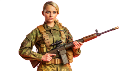 Confident Female Soldier Holding Assault Rifle in Military Uniform