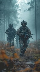Fototapeta premium Troops from the military force going carefully through a forest in a commando formation