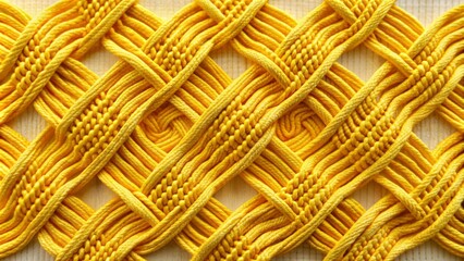 Fototapeta premium Artistic entwined yellow threads form intricate macrame weaving depicting a precise square knot, showcasing meticulous craftsmanship and symmetrical design.
