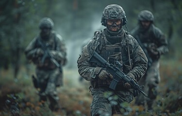 Fototapeta premium Troops from the military force going carefully through a forest in a commando formation