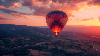 Obraz premium A whimsical Valentine's Day hot air balloon ride with a couple enjoying the view, the balloon decorated with heart patterns, and a picturesque landscape below.