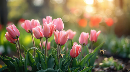 Tulip garden, first blooms, renewal of life. Colorful beautiful fall  amazing dreamy romantic artistic image spring nature flowers magical in sunny garden.