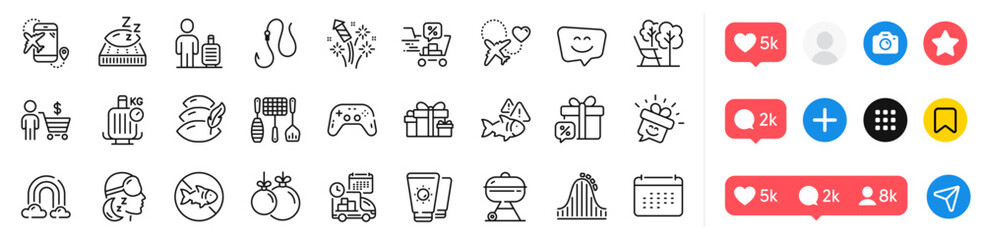 Fototapeta premium Sale gift, Holiday presents and Mattress line icons pack. Social media icons. Fish, Flight destination, Hook web icon. Fireworks rocket, Pillow, Grill pictogram. Vector