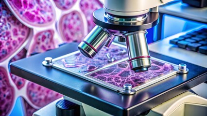 High-magnification photograph of a stained tissue biopsy specimen on a glass slide in a pathology laboratory under fluorescent lighting.