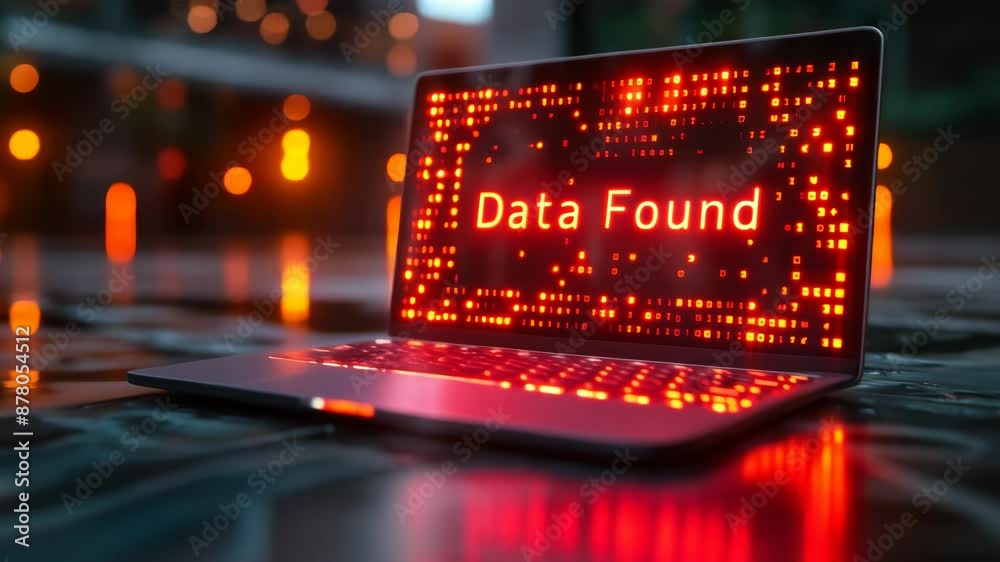 Poster illuminated laptop with data found message in red binary code at night reflecting digital data recov