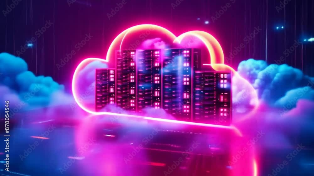 Poster futuristic neon cloud computing concept with cybernetic server racks representing digital data stora