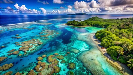 Obraz premium Breathtaking aerial view of vibrant coral reef teeming with marine life and turquoise waters in a tropical paradise setting.
