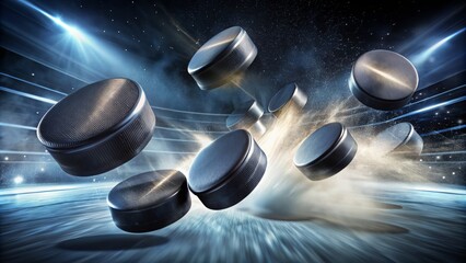 Dynamic motion trails surround stylized black and white ice hockey pucks in dramatic flight against a plain background atmosphere.
