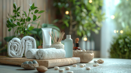 Spa accessory composition set massage essential oils with flower, rolled towel and candle ready for massage therapy, beauty wellness center from professional service, wellness and relaxation themes