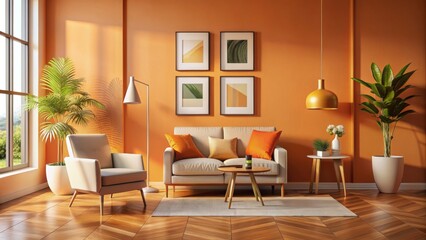 Fototapeta premium Vibrant orange and white modern living room interior with sleek chair, frame, and posters on shaded warm beige wall backdrop.