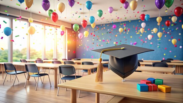 Empty classroom with diploma and cap on desk, balloons and confetti scattered around, symbolizing academic success and achievement celebration.