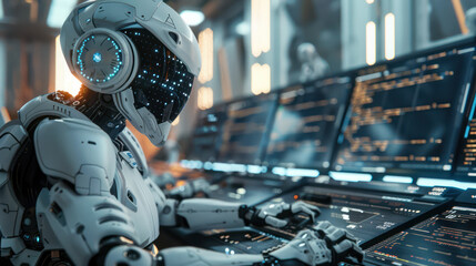 Fototapeta premium Close-up image of an AI robot coding at a workstation. The AI bot should be seated at a high-tech desk with multiple monitors displaying. Future cybernetic technology automation and research concept