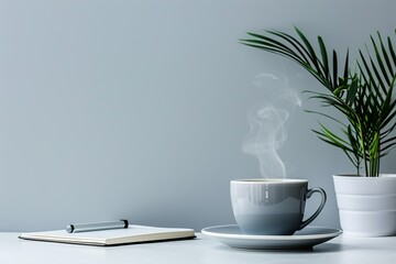 Steaming cup of hot coffee or tea with setting on white table with open notepad, plant, gadget. Work from home. A serene workspace setup. Gray desk set in a modern office workplace. Coffee break